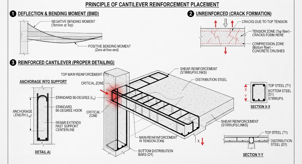 Why Cantilever Reinforcement Is Placed at the Top: Bending Moments ...